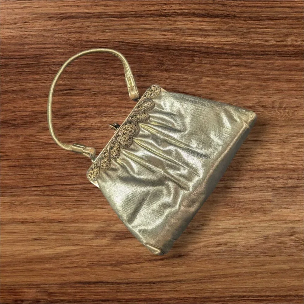 Vintage Joseph Magnin Gold Metallic Evening Purse With Ornate Frame & Satin Inte